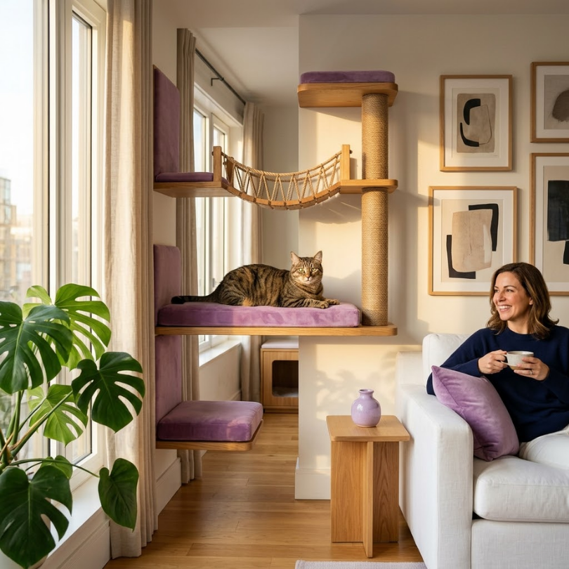 Guía Experta: Introduciendo un nuevo gato y por qué necesitas módulos de separación 4 Diseño funcional y estético Telas personalizadas en tonos lila y versatilidad modular